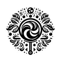 Black and White Circular Emblem SwirlCentered Lollipop with Ornamental Leafy Accents, Stars, and Dots on White Background. vector