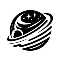 Black and white stylized illustration of an astronauts helmet inside a planets ring system with stars. vector