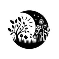 Black and white circular illustration of a tree blooming alongside flowers inside of a crescent moon, with a minimalist style. vector