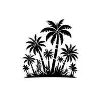 Silhouette of diverse palm trees and tropical foliage, creating a vibrant and stylized tropical island scene against a stark white backdrop. vector