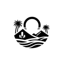 Minimalist Desert Sunset Black and White Featuring Mountains, Palm Trees, Cactus, and the Sun in a Circular Frame. vector