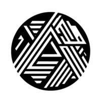 Geometric abstract within a black circle, composed of white line segments creating triangular and angular patterns on a plain white background. vector