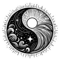 YinYang Celestial Harmony Black and White, Circular Composition Depicting Waves, Stars, and Sunlike Radiance with Decorative Outer Border. vector