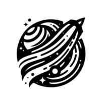 Black White Illustration of a Rocket Departing from a Striped Planet Amidst Stars, Outer Space Theme. vector