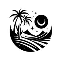 Black and White Circular Design Palm Trees, Crescent Moon, Stars, Desert Landscape, Serene and Minimalist Aesthetic. vector