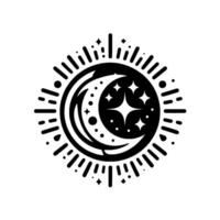 Black and White Celestial Emblem A crescent moon embraced by a sunburst, adorned with stars and dots, in minimalist design. vector
