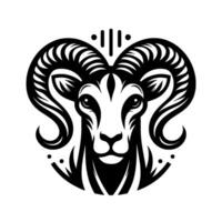 Monochrome Ram Head Zodiac Art with Detailed Curled Horns and Ornamental on White Background. vector