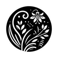 A stylized monochrome floral composition within a circular frame, featuring intricate leaf and blossom details. vector