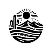 Monochromatic desert scene in a circular frame sun, mountains, stylized cactus, and layered land forms, evoking serenity. vector