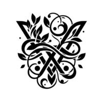 Intricate Monochromatic Emblem Ornamental with Geometric Shapes, Floral Accents, and Swirls on White Background. vector