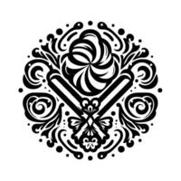 Ornate Circular Black and White with a Central Swirl Pattern, Flourishes, and Geometric Elements on a White Background. vector