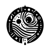 Mystical Celestial Orb Black White, Abstract Geometric with Swirls, Stars, Waterlines Drop, in a Circular Frame. vector