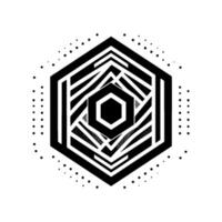 Geometric Black and White Hexagon Composition with Layered Patterns, Dot Border, and Internal Nested Shapes on White Backdrop vector