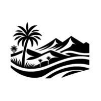 Black and White Scenic Silhouette Palm Trees, Mountains, and Serene Landscape Depiction in a Minimalist Style. vector