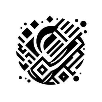 geométrico monocromo circular presentando un estilizado creciente luna, barras, cuadrícula, y puntos, creando un abstracto, moderno modelo. vector