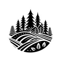 art landscape depicting stylized forest, rolling hills, and foliage in black and white, within a circular frame. vector