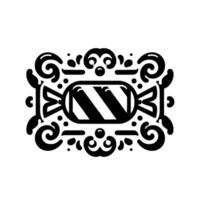 Black and white illustrated candy with decorative flourishes, geometric patterns, and a striped wrapped center element. vector