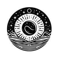 A stylized, circular black and white illustration depicting a celestial scene with a sunlike yinyang symbol, stars, a moon, and stylized wavy lines. vector