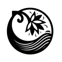 Monochromatic Circular Design A floral element and water waves integrated with elegant swirling lines. vector