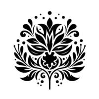 Symmetrical Black and White Floral Ornament with Leafy and Dotlike Elements on a White Background. vector