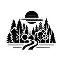 Stylized Black and White Forest Scene with Road, Trees, and Sun, Representing Natures Tranquility and Pathway. vector