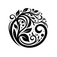 Monochromatic circular floral featuring swirling vines, leaves, and dots, creating a balanced and elegant artistic pattern. vector
