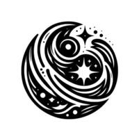 Celestial Vortex A Stylized Black and White Swirling with Stars, Circles, and a Cosmic Energy. vector