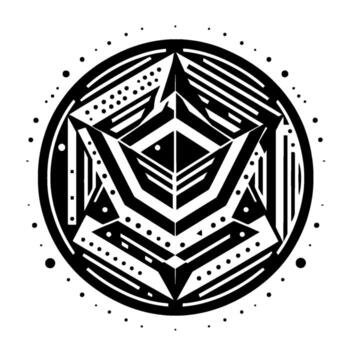 Circular geometric black and white featuring symmetrical lines, shapes, dots, and a central diamondlike motif within a detailed border. vector