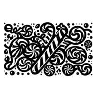 Whimsical Black and White Candy Composition Featuring Striped Candy Cane and Swirling Lollipops Pattern on White Background vector