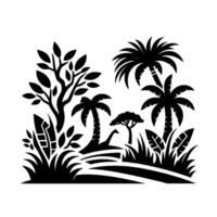 Silhouette of an African savanna scene with palm trees, a giraffe, various plants, and a minimalist black and white design. vector
