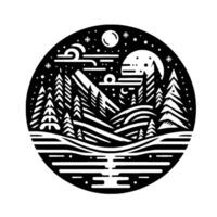 A stylized black and white circular illustration of a serene winter landscape featuring mountains, evergreen trees, a full moon, and a reflective lake, under a snowy sky. vector