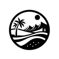 Monochromatic desert landscape circular featuring stylized mountains, palm trees, a sun, and cactus with layered textures. vector