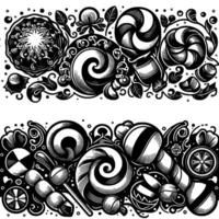 Intricate Black and White Candy Garland Illustration with Swirls, Lollipops, and Floral Elements, Creating a Festive and Ornate Border Design. vector