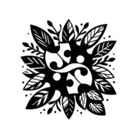 Symmetrical Black White Floral YinYang with Leaf Embellishments and a Minimalist Style on a Plain White Background. vector