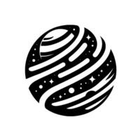 Striking monochrome stylized spacesphere design, with a planet composed of curved stripes, integrated star clusters, and a celestial vibe. vector