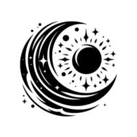 Elegant Monochrome Celestial Design Crescent Moon Enveloping a Dark Sun Adorned with Stars, Creating a Harmonious Cosmic Symbol on White. vector
