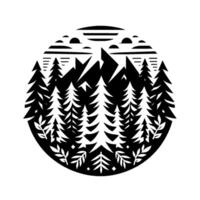 A circular black and white nature design, featuring silhouetted pine trees and mountains under a stylized sun and cloud backdrop. vector