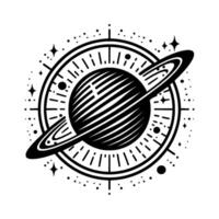 Black and white minimalist illustration of a planet with rings encircled by a decorative frame, stars, and lines, evoking cosmic wonder. vector