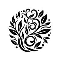 Circular Black and White Floral Pattern, Featuring Leaves, Vines, and Swirls, Creates an Elegant Decorative on a White Background. vector
