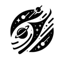 Stylized Cosmos A Black and White Illustration Depicting Planets, Stars, and Celestial Paths Within a Circular Arrangement. vector