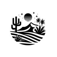 A stylized, circular desert landscape illustration in monochrome, featuring a saguaro cactus, mountains, sun, stars, and various desert plants. vector