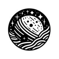 Black and White Circular Illustration Stylized Planet, Starry Sky, and Wavy Lines, Resembling a SpaceSea Fusion. vector