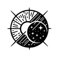 Black and white cosmic featuring a sunmoon eclipse symbol within a stylized radial pattern, with star accents. vector