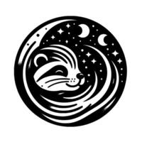 Whimsical Night Badger in a Celestial Embrace A Black and White Circle Featuring Moon, Stars, and Swirling Lines. vector