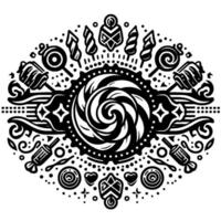Intricate Monochrome Design A symmetrical arrangement featuring stylized candies, sweets, lollipops, and decorative elements, creating a whimsical pattern. vector