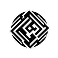 A geometric, minimalist black and white circular maze design, featuring sharp angles and interlocking patterns within a contained circle. vector