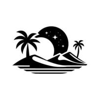 Black and white of a tropical night scene featuring palm trees, sand dunes, and a starry moon, evoking peaceful serenity. vector