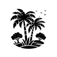 Black and White Silhouette of Palm Trees, Island, Trees, and Flying Birds. A Minimalist, Tropical Scene. vector