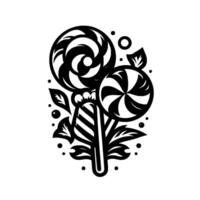A monochromatic illustration of two lollipops with spiral and striped designs, accompanied by leaves, dots, and a striped candy. vector