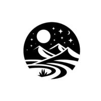 Black and white circular emblem of a moonlit desert landscape with mountains, stars, trails, and a plant. vector